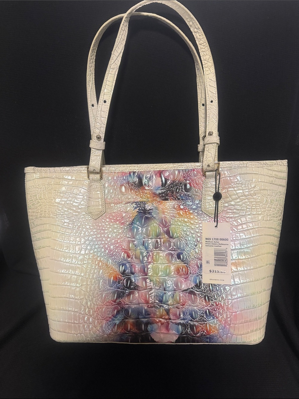 Brahmin Iridescent White Croc-Embossed Tote with Rainbow Center